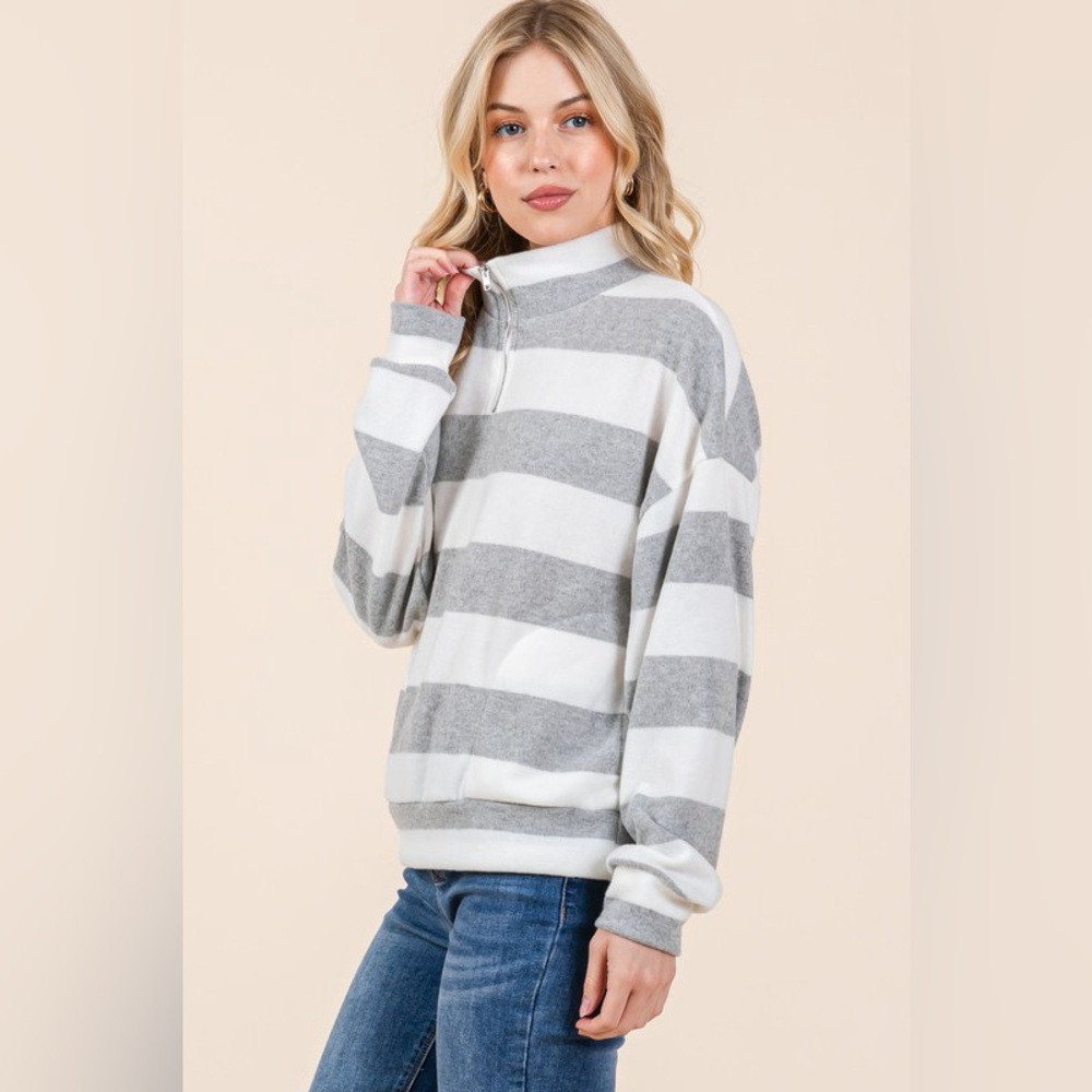 BOMBOM Striped Quarter Zip Drop Shoulder Sweatshirt - Picture 3 of 4